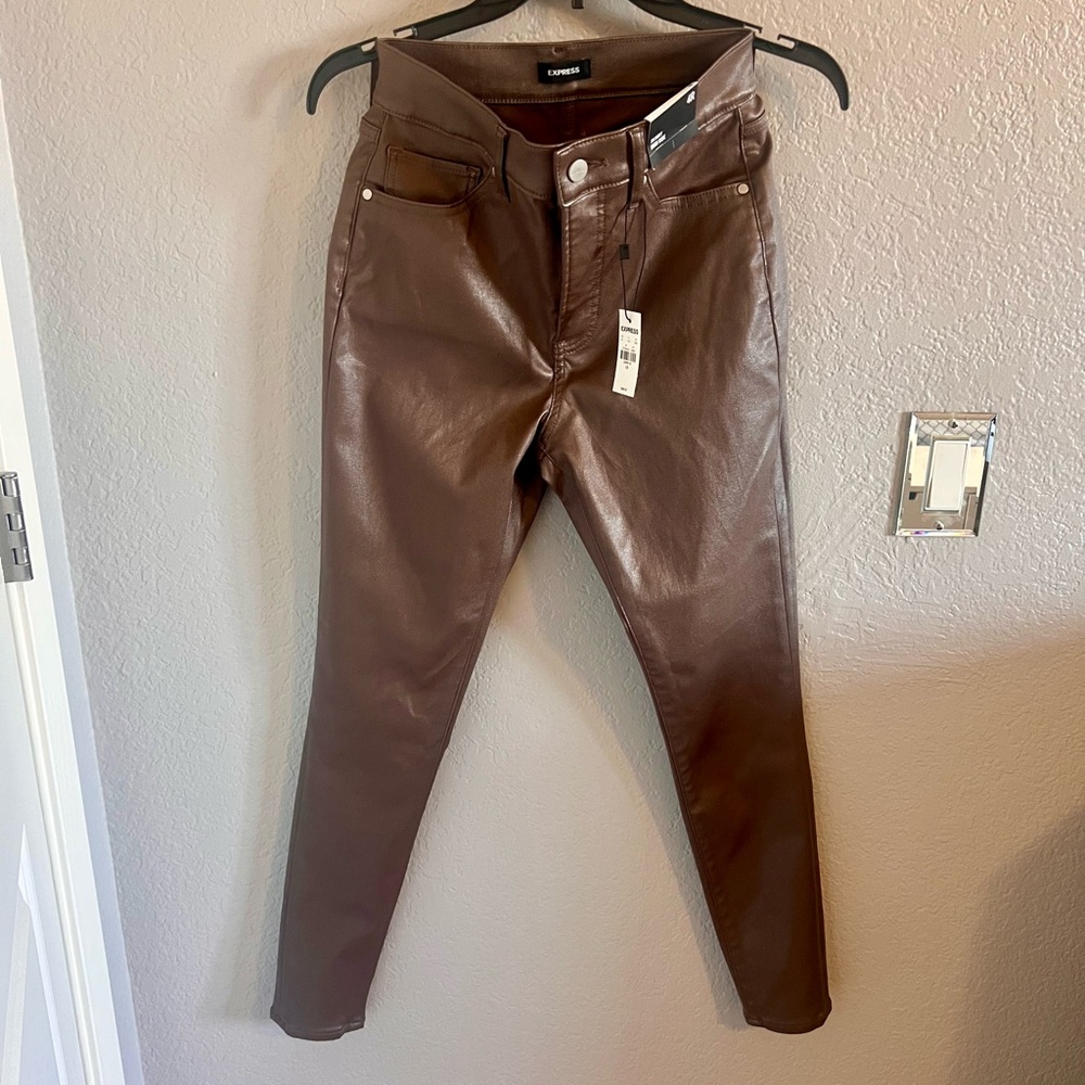 Express High Waisted Metallic Coated Brown High-Rise Skinny Jeans